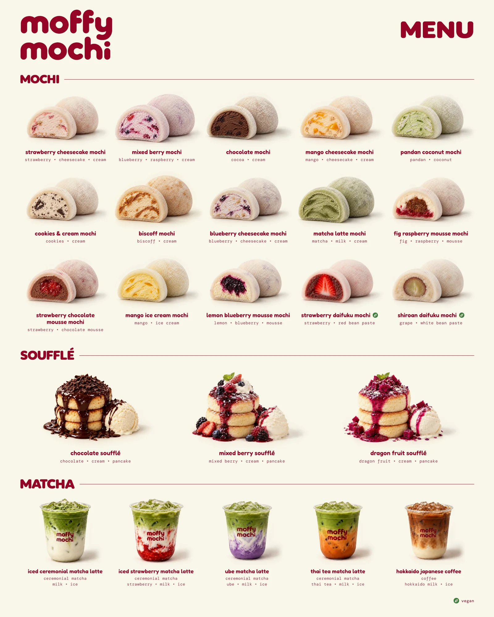 The full Moffy Mochi menu card