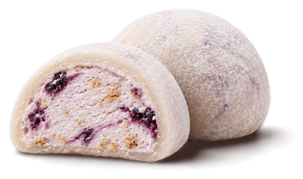 Blueberry mochi cut open, showing cheesecake cream with blueberry pieces