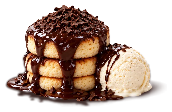 Chocolate soufflé pancakes drizzled with chocolate sauce and shavings, with a scoop of cream