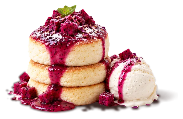 Dragon fruit soufflé pancakes with vivid pink dragon fruit sauce
