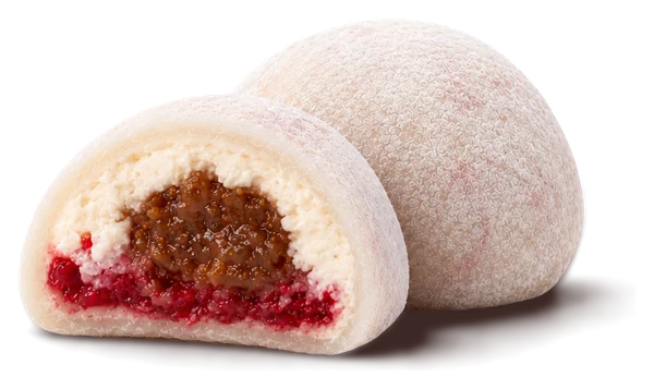 Fig raspberry mousse mochi cut open, showing fig mousse over a raspberry layer
