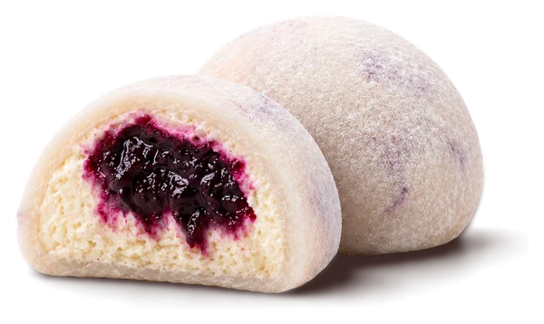 Lemon blueberry mousse mochi cut open, showing lemon mousse around a blueberry centre