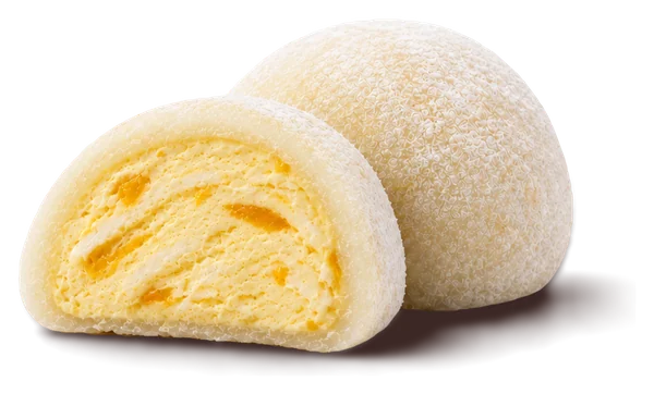 Mango ice cream mochi cut open, showing creamy yellow mango ice cream
