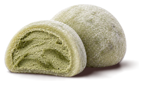 Green matcha mochi cut open, showing a swirled matcha cream filling