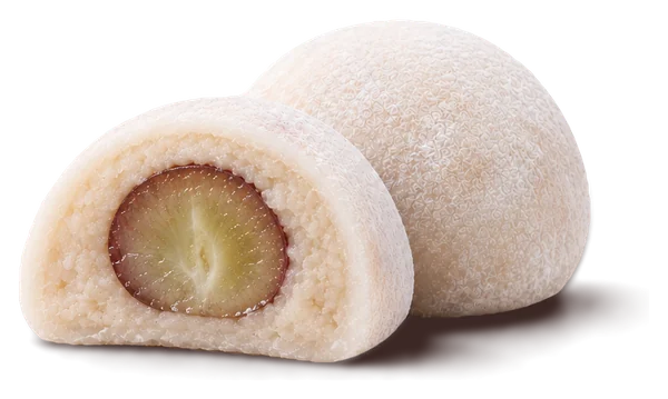 Shiroan daifuku cut open, showing a whole grape in white bean paste