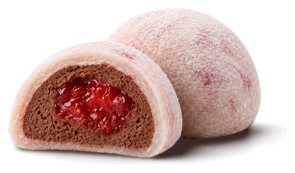 Strawberry chocolate mousse mochi cut open, showing chocolate mousse with a strawberry centre