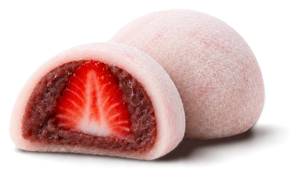 Strawberry daifuku cut open, showing a whole strawberry in red bean paste