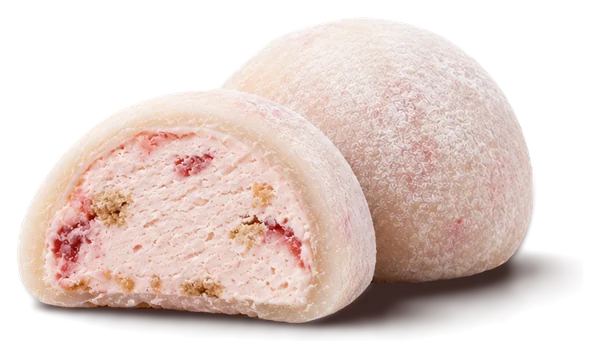 Strawberry mochi cut in half showing pink strawberry cream