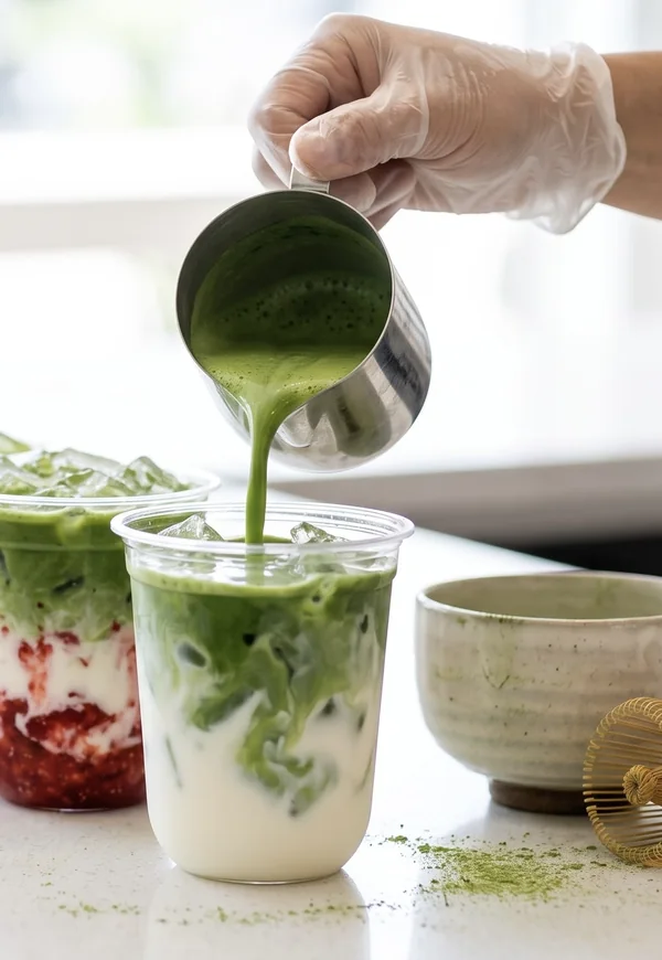 Freshly whisked matcha being poured into an iced latte, with a line of layered matcha drinks behind it