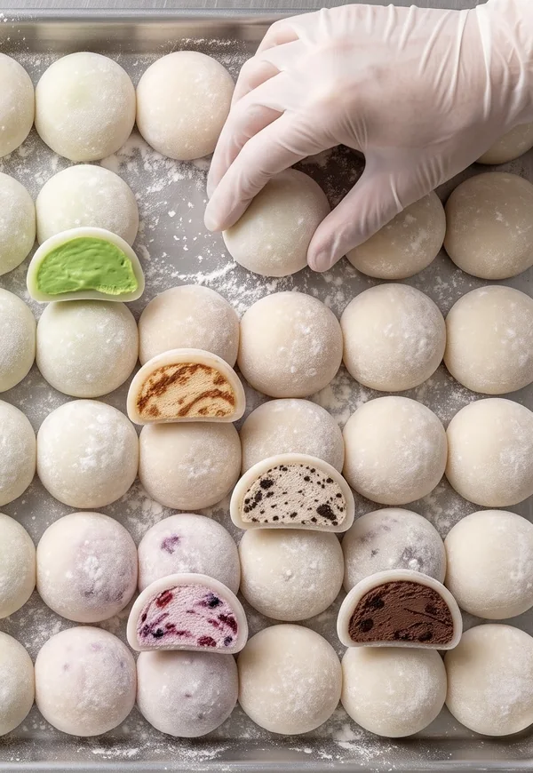 A gloved hand placing a mochi on a large tray of mochi, a few cut open to show their colourful fillings