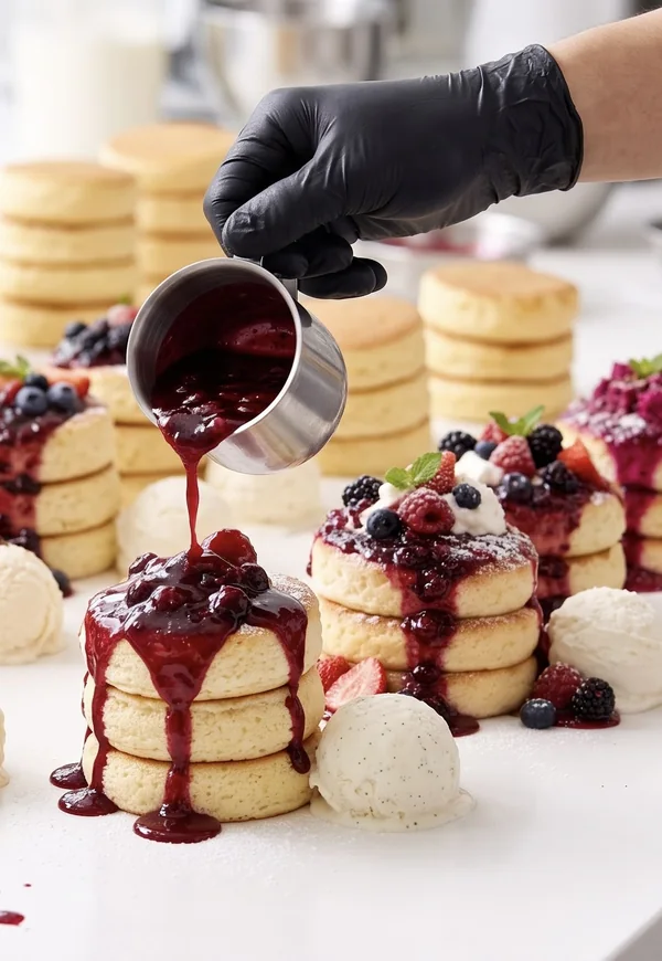 Berry compote being poured over a stack of soufflé pancakes, among rows of chocolate, berry and dragon fruit soufflés