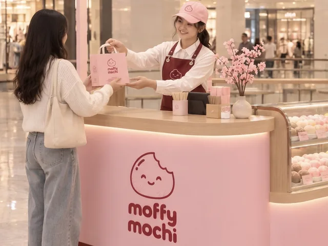 A Moffy Mochi team member handing a customer a Moffy Mochi bag at the kiosk